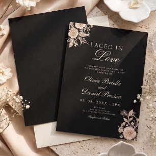Elegant Black Rose Gold Floral Lace Wedding  Invitation