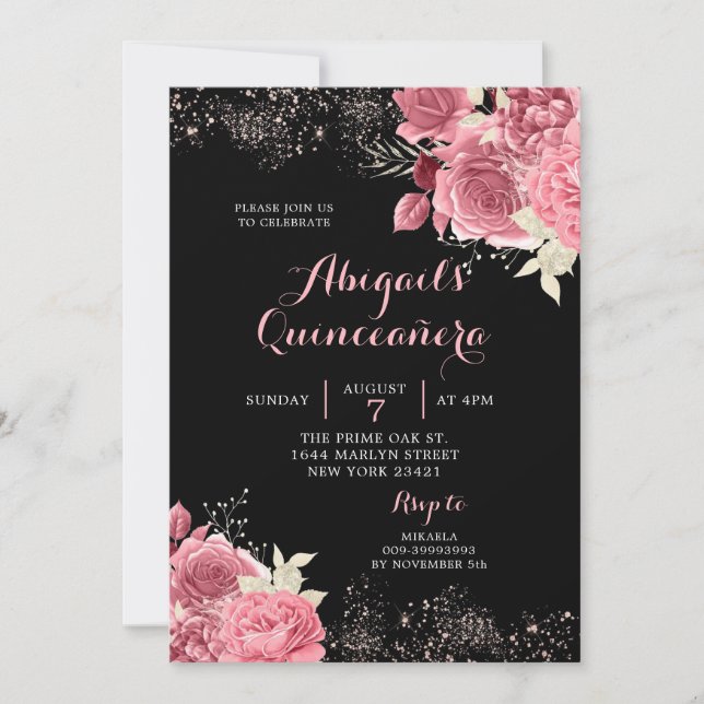 Elegant Black Rose Gold Floral Quinceañera Invitation (Front)