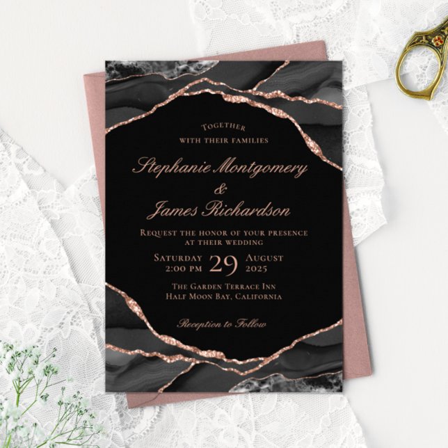 Elegant Black Rose Gold Foil Agate Wedding Invitation (Creator Uploaded)