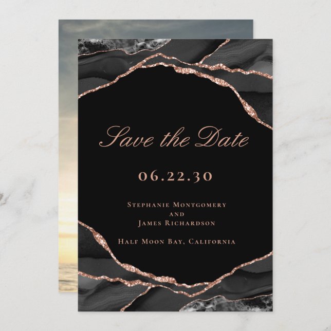 Elegant Black Rose Gold Foil Agate Wedding Photo Save The Date (Front/Back)