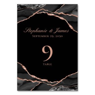 Elegant Black Rose Gold Foil Agate Wedding Table Number