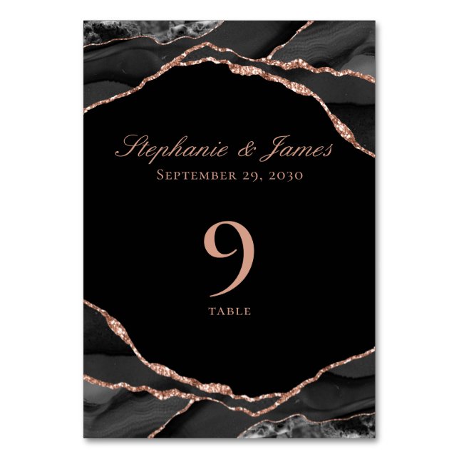 Elegant Black Rose Gold Foil Agate Wedding Table Number (Front)