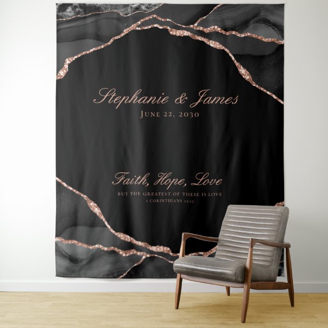 Elegant Black Rose Gold Foil Agate Wedding Tapestry (In Situ)
