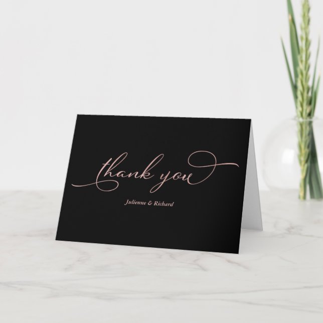 Elegant Black Rose Gold Foil Script Thank You Card (Front)