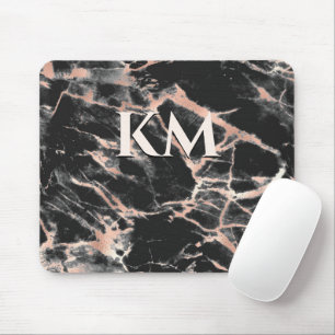 Elegant black rose gold girly marble art monogram mouse pad