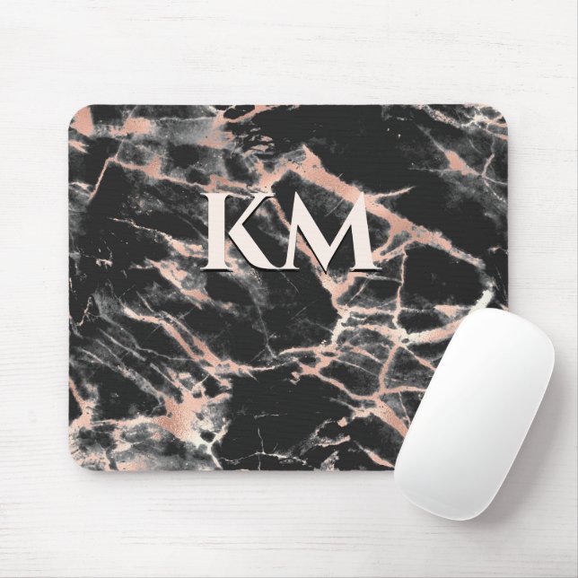 Elegant black rose gold girly marble art monogram  mouse pad (With Mouse)