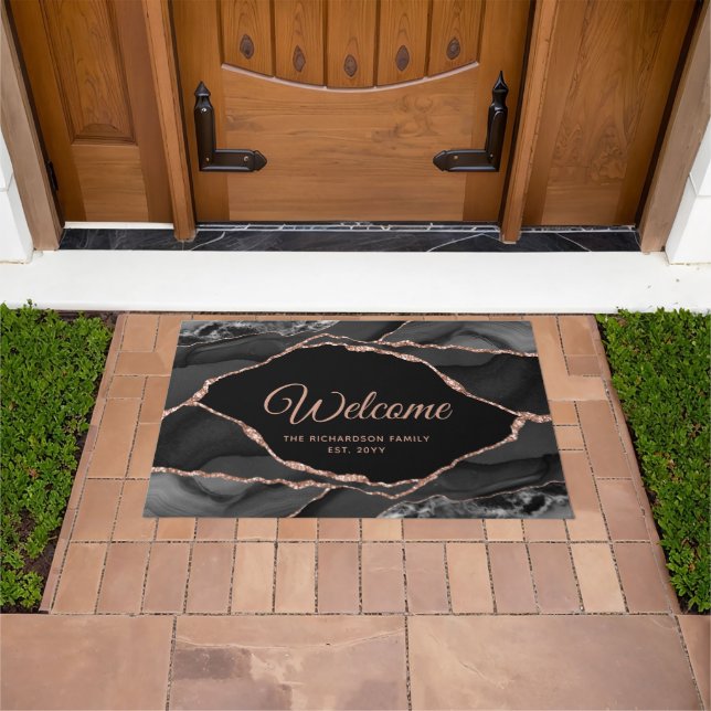 Elegant Black Rose Gold Glitter Agate Personalised Doormat (Outdoor)