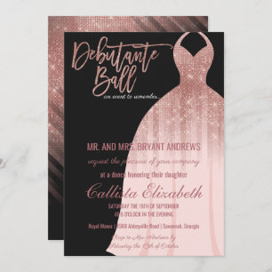 Elegant Black Rose Gold Glitter Dress Debutante Invitation