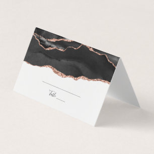 Elegant Black Rose Gold Glitter Folded Place Card