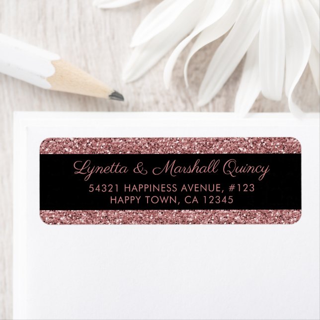 Elegant Black Rose Gold Glitter Sparkle Return Address Label (Insitu)