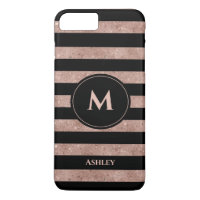 Elegant Black Rose Gold Glitter Striped Monogram
