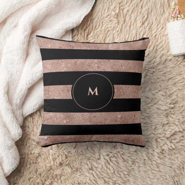 Elegant Black Rose Gold Glitter Striped Monogram  Cushion (Blanket)