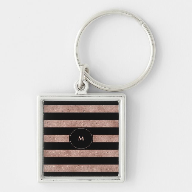 Elegant Black Rose Gold Glitter Striped Monogram  Key Ring (Front)