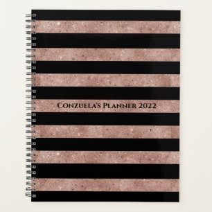 Elegant Black Rose Gold Glitter Striped Planner