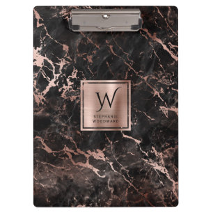 Elegant Black Rose Gold Marble Monogram Clipboard