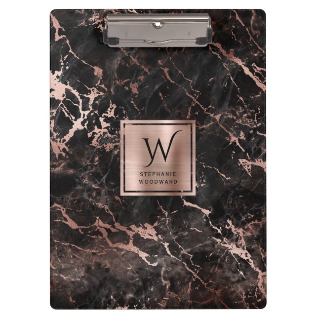Elegant Black Rose Gold Marble Monogram Clipboard (Front)