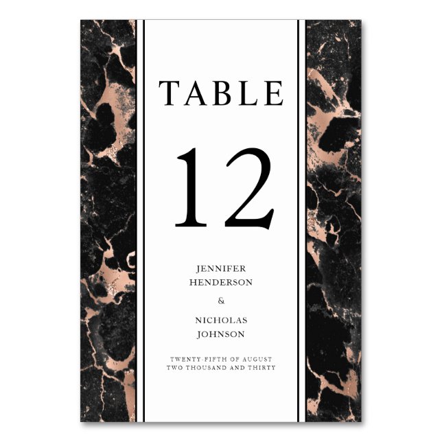 Elegant Black Rose Gold Marble Wedding  Table Number (Front)