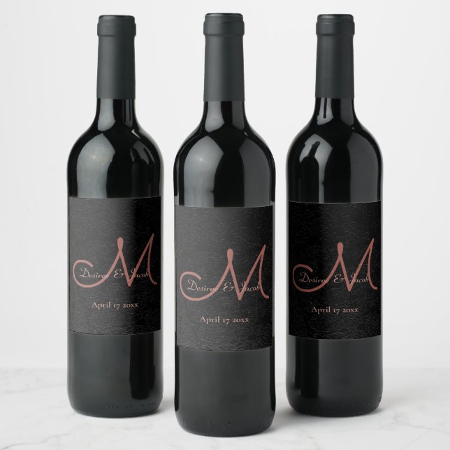 Elegant Black Rose Gold Modern Wedding Monogram Wine Label (Bottles)