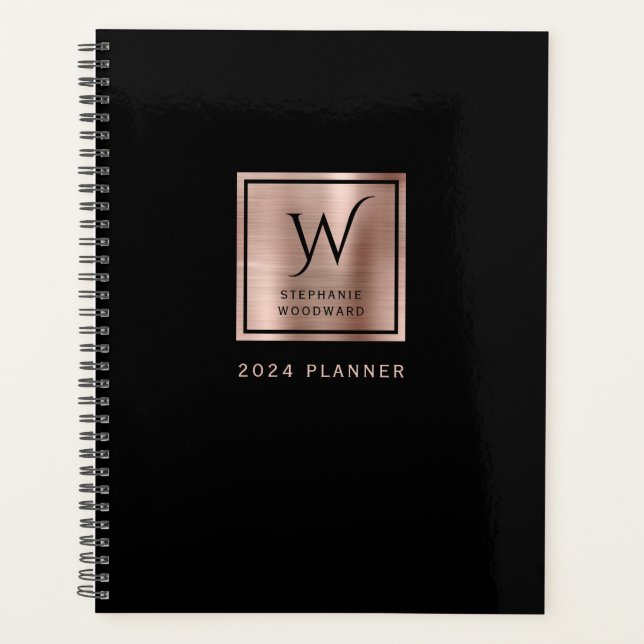 Elegant Black Rose Gold Monogram 2024 Planner (Front)
