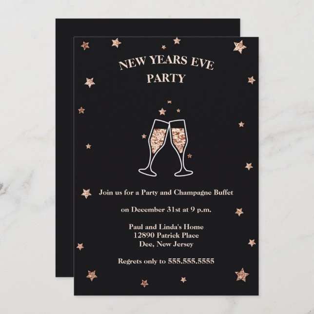 Elegant Black & Rose Gold New Years Eve Party Invitation (Front/Back)