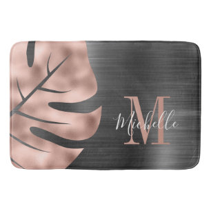 Elegant Black Rose Gold Palm Leaf Monogram Bath Mat