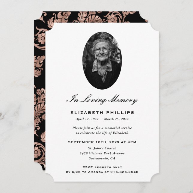 Elegant Black Rose Gold Photo Memorial Invitation (Front/Back)