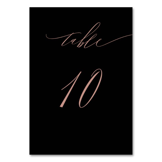Elegant Black Rose Gold Script 10 Wedding Table Number (Front)