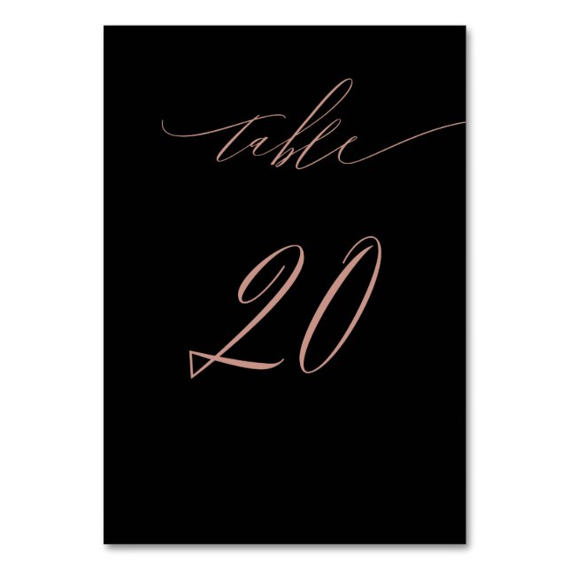 Elegant Black Rose Gold Script 20 Wedding Table Number (Front)