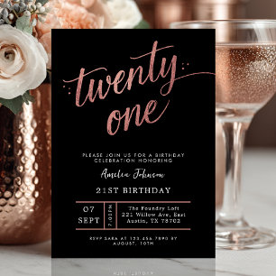 Elegant Black & Rose Gold Script 21st Birthday Invitation