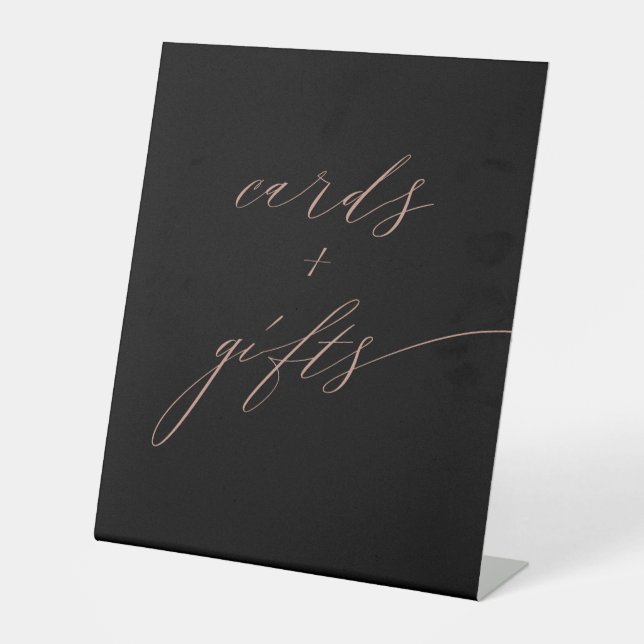 Elegant Black Rose Gold Script Cards Gifts Pedestal Sign (Front)