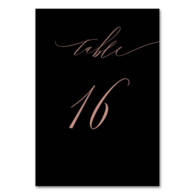Elegant Black Rose Gold Script No16 Wedding Table Number (Front)