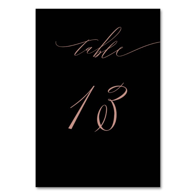 Elegant Black Rose Gold Script No 13 Wedding Table Number (Front)
