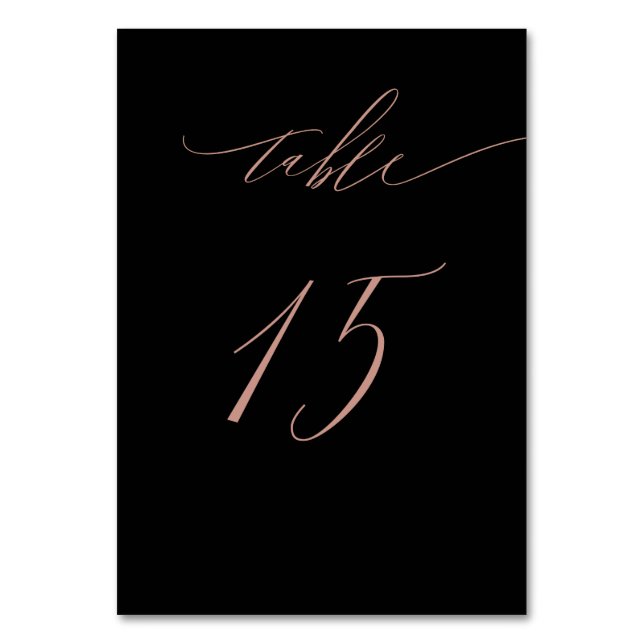 Elegant Black Rose Gold Script No 15 Wedding Table Number (Front)