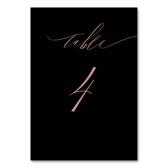 Elegant Black Rose Gold Script No 4 Wedding Table Number (Front)