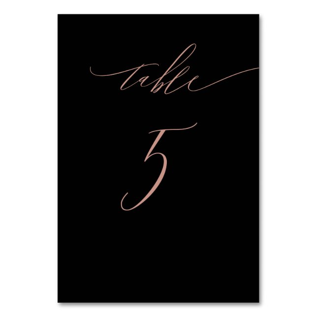 Elegant Black Rose Gold Script No 5 Wedding Table Number (Front)