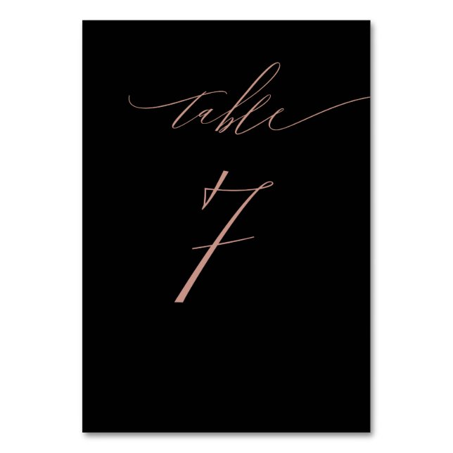 Elegant Black Rose Gold Script No 7 Wedding Table Number (Front)