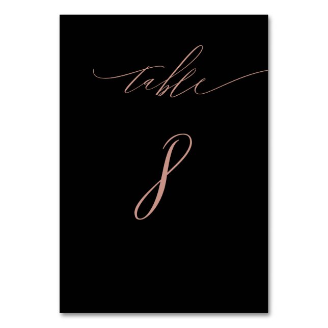 Elegant Black Rose Gold Script No 8 Wedding Table Number (Front)