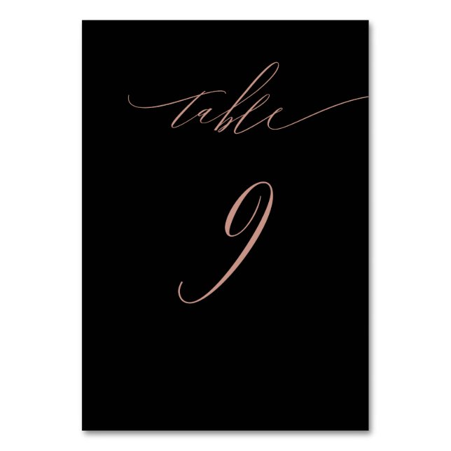 Elegant Black Rose Gold Script No 9 Wedding Table Number (Front)