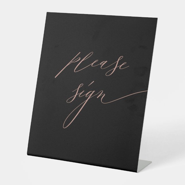 Elegant Black Rose Gold Script Wedding Guestbook Pedestal Sign (Front)