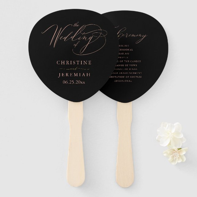 Elegant Black Rose Gold Script Wedding Program Hand Fan (Front and Back)