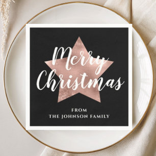 Elegant Black Rose Gold Star Merry Christmas Napkin