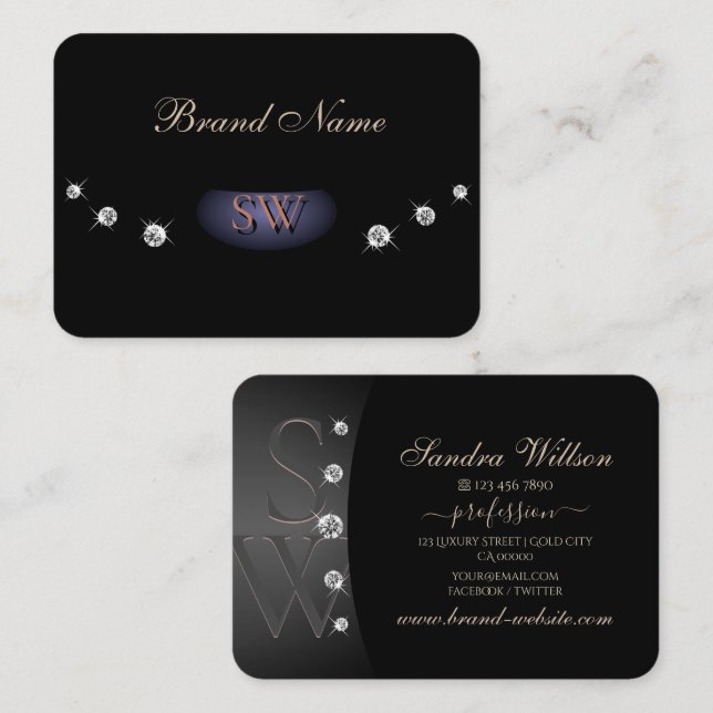 Elegant Black Rose Gold with Diamonds and Monogram Business Card (Front/Back)