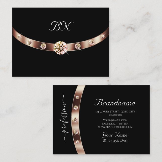 Elegant Black Rose Gold with Monogram and Diamonds Business Card (Front/Back)