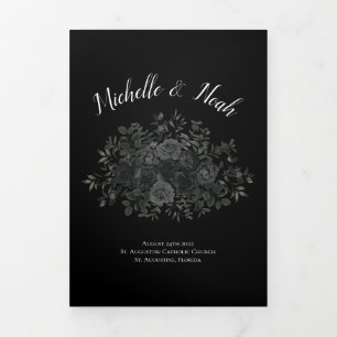 Elegant Black Rose Gothic Wedding Programs Tri-Fold Programme