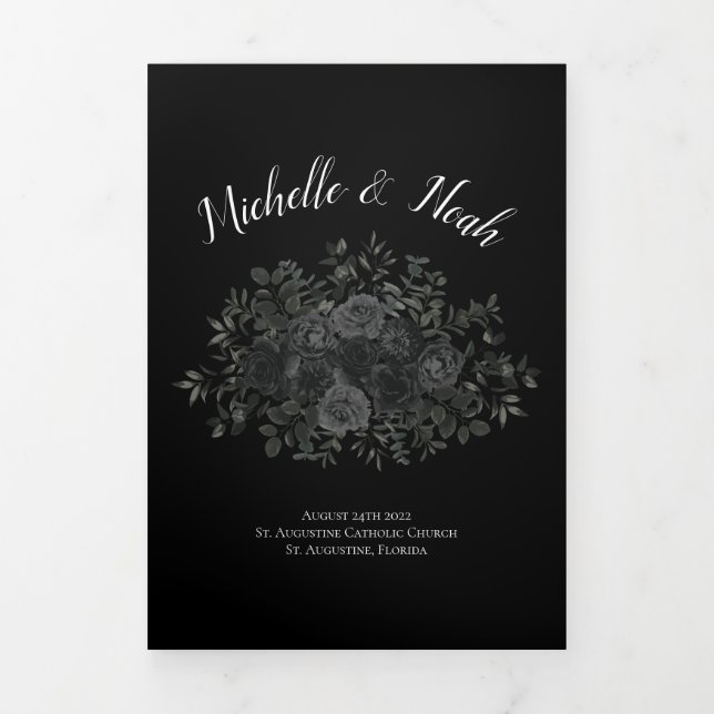 Elegant Black Rose Gothic Wedding Programs Tri-Fold Programme (Cover)
