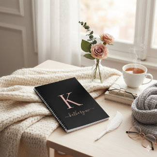 Elegant Black Rose Pink Monogram Name Notebook