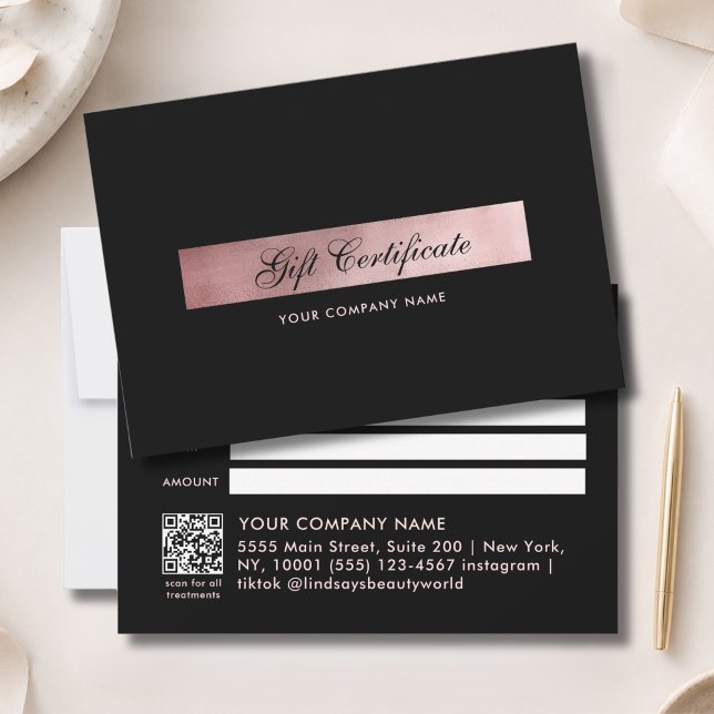 Elegant  Black Rosegold QR Code Gift Certficate (Elegant Black Rosegold QR Code Gift Certficate)