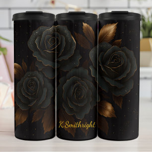 Elegant Black Roses Golden Accents Thermal Tumbler