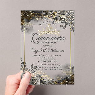 Elegant Black Roses Gothic Quinceañera  Acrylic Invitations