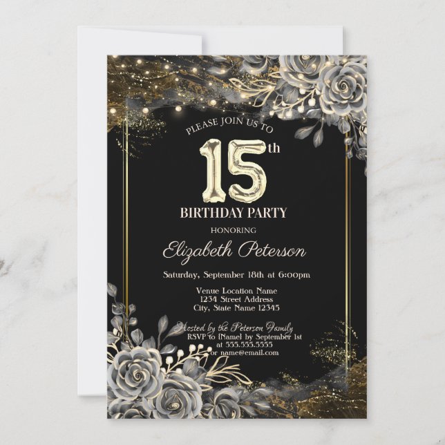 Elegant Black Roses,Lights Black 15th Birthday Invitation (Front)
